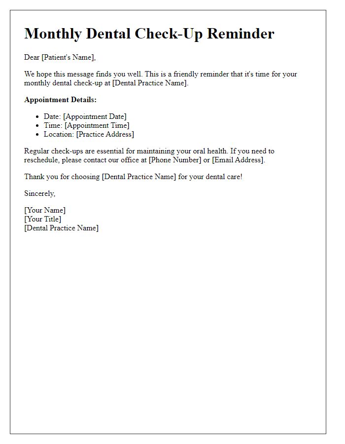 Letter template of monthly dental check-up reminder