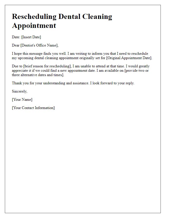 Letter template of rescheduling your dental cleaning