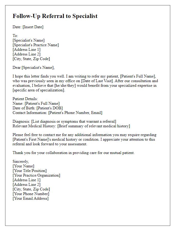 Letter template of follow-up referral to specialist