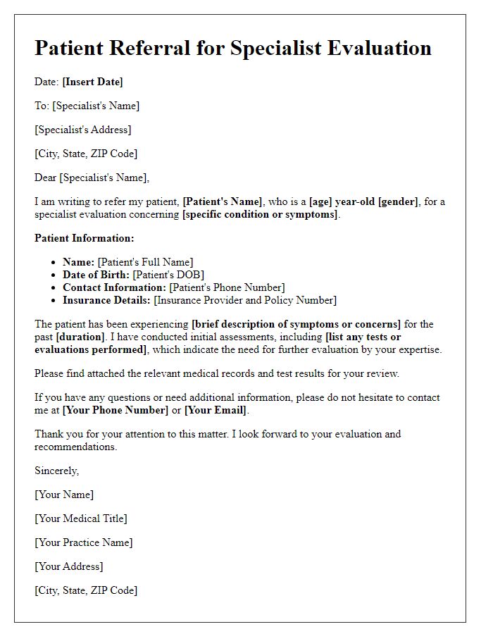 Letter template of patient referral for specialist evaluation