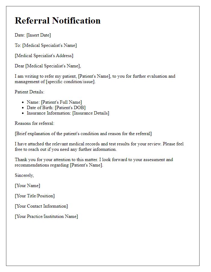 Letter template of referral notification for medical specialist