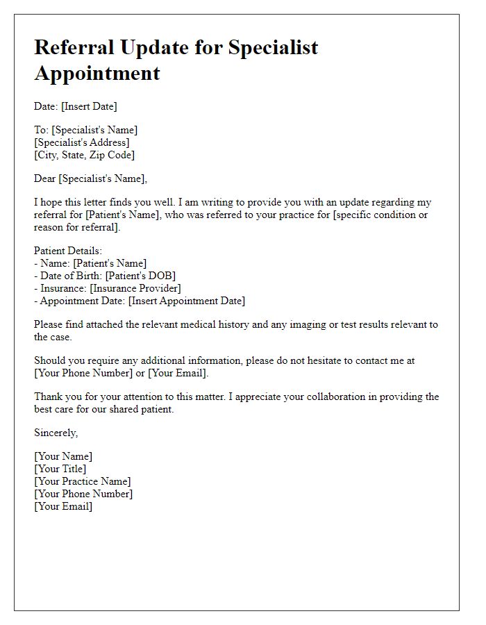 Letter template of referral update for specialist appointment