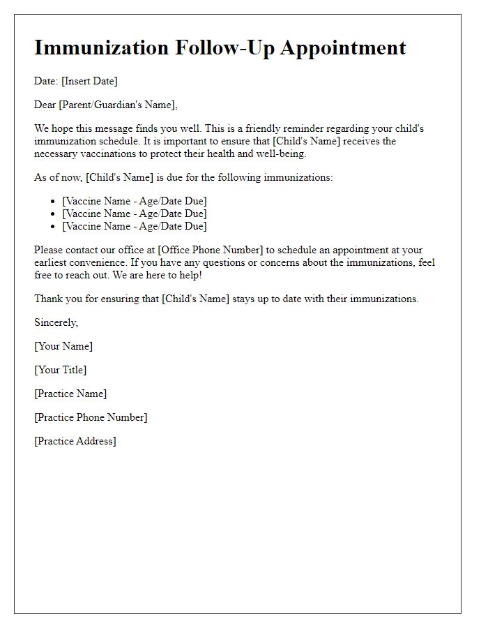 Letter template of immunization follow-up for pediatric care