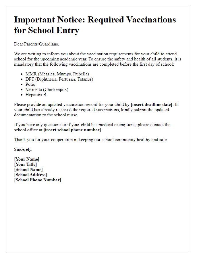 Letter template of notice for required vaccinations for school entry