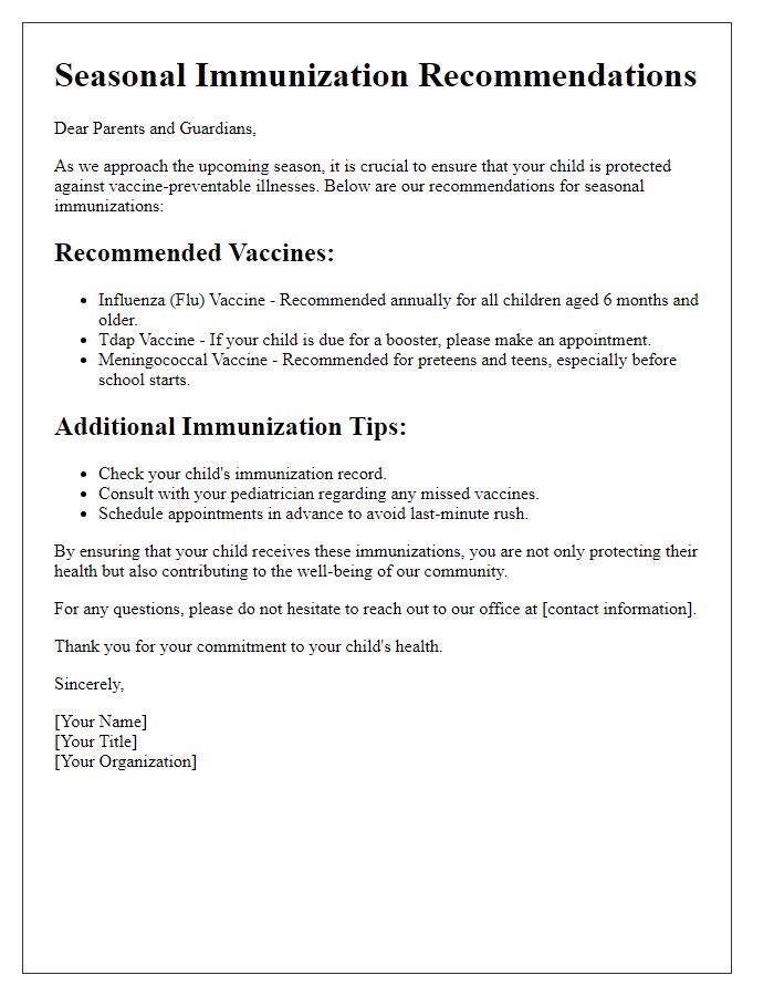 Letter template of seasonal immunization recommendations for kids