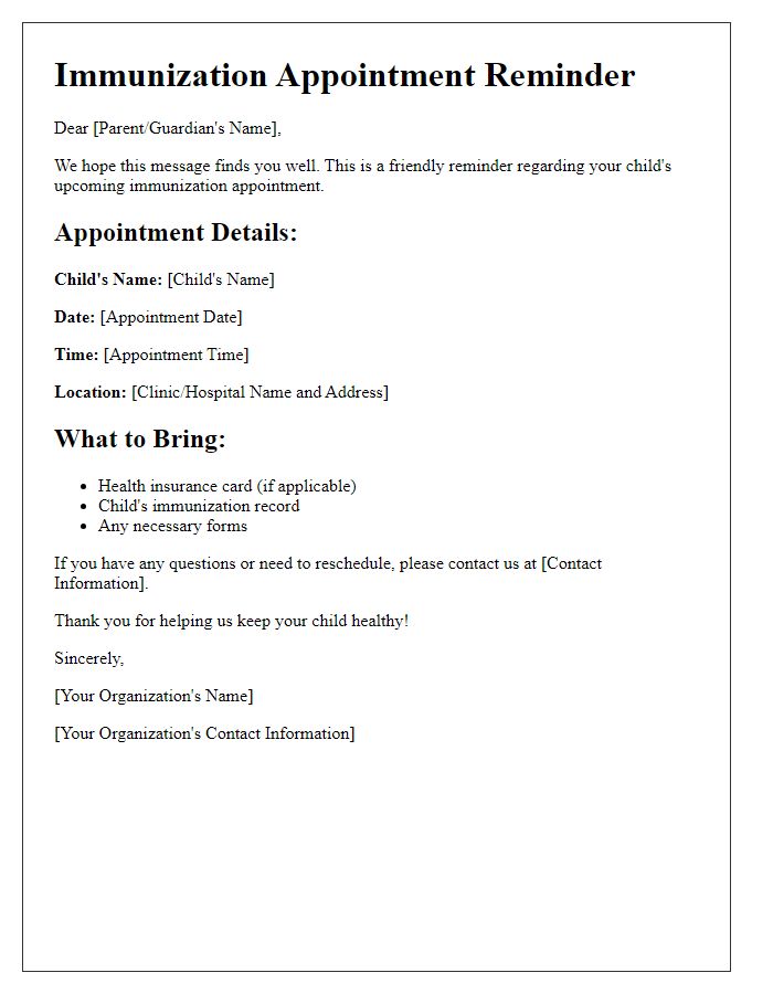 Letter template of upcoming immunization appointments for children