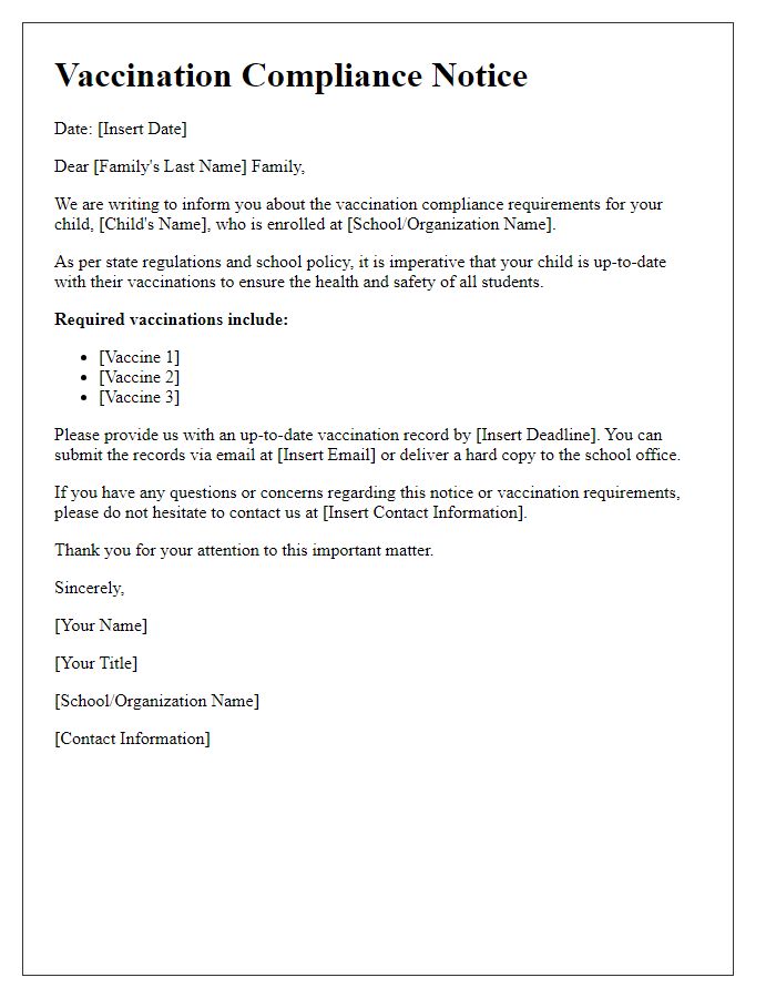 Letter template of vaccination compliance notice for families