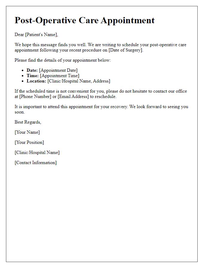 Letter template of appointment scheduling for post-operative care