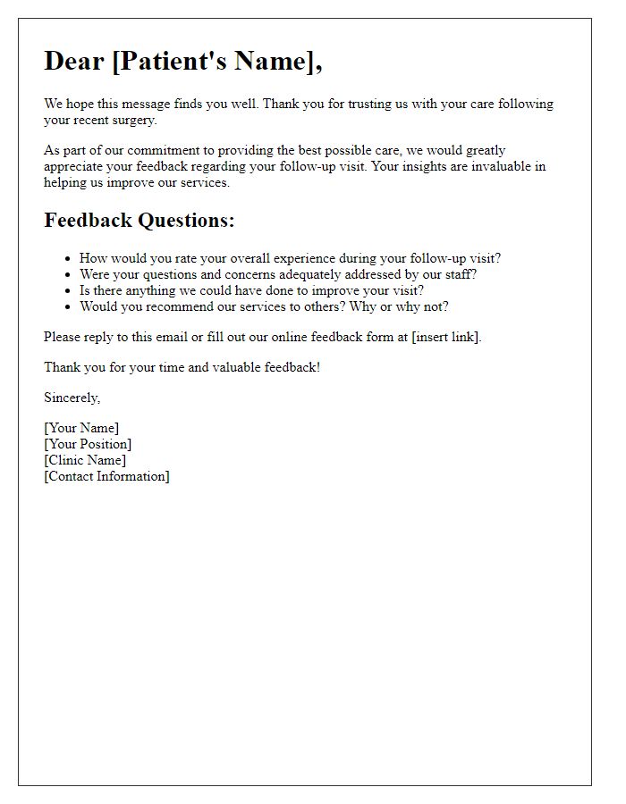 Letter template of feedback request following post-surgery follow-up visit