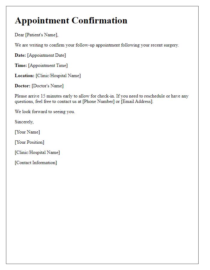 Letter template of follow-up appointment confirmation after surgery