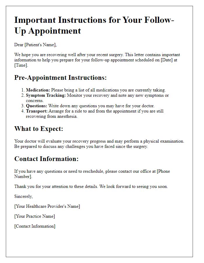 Letter template of instructions for preparing for follow-up appointment after surgery