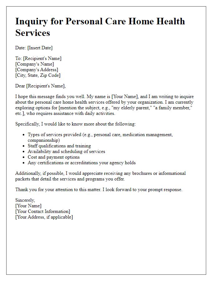 Letter template of inquiry for personal care home health services