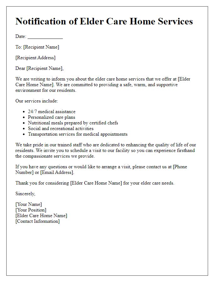 Letter template of notification for elder care home services