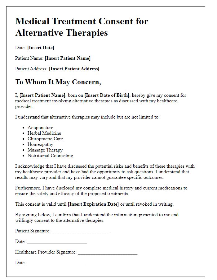 Letter template of medical treatment consent for alternative therapies.