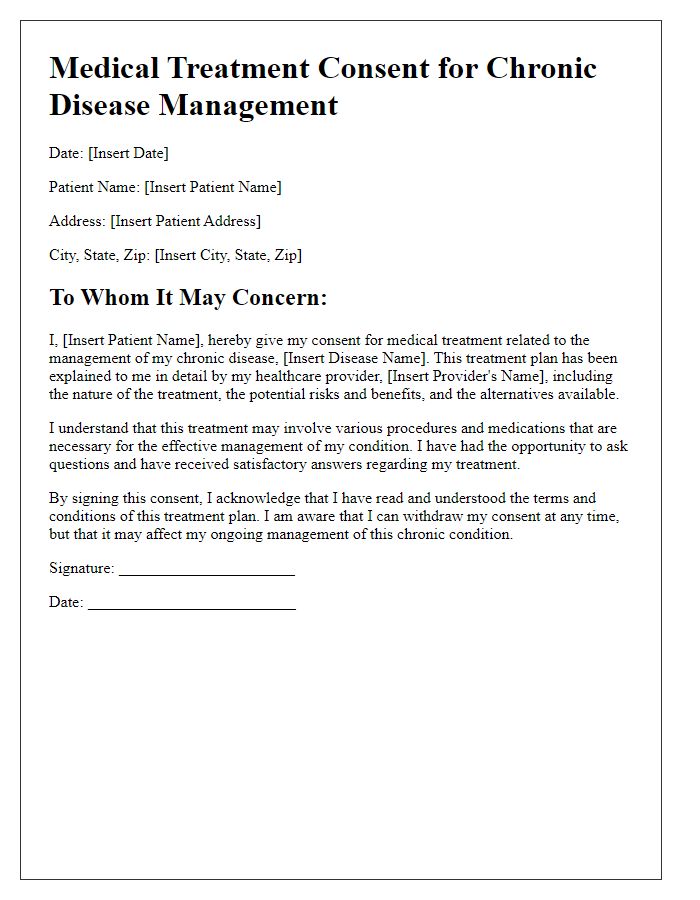 Letter template of medical treatment consent for chronic disease management.