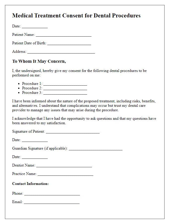 Letter template of medical treatment consent for dental procedures.