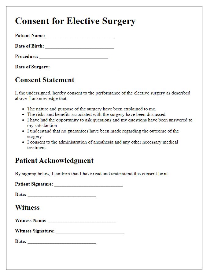 Letter template of medical treatment consent for elective surgery.