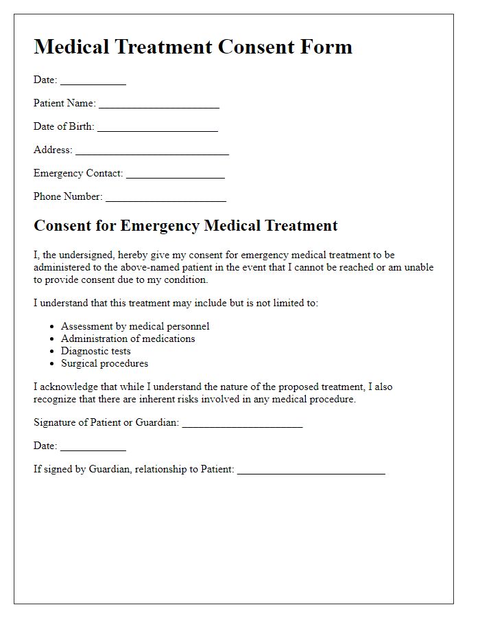 Letter template of medical treatment consent for emergency procedures.