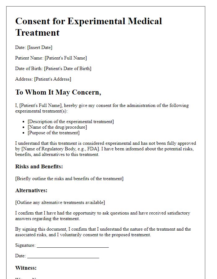 Letter template of medical treatment consent for experimental treatments.