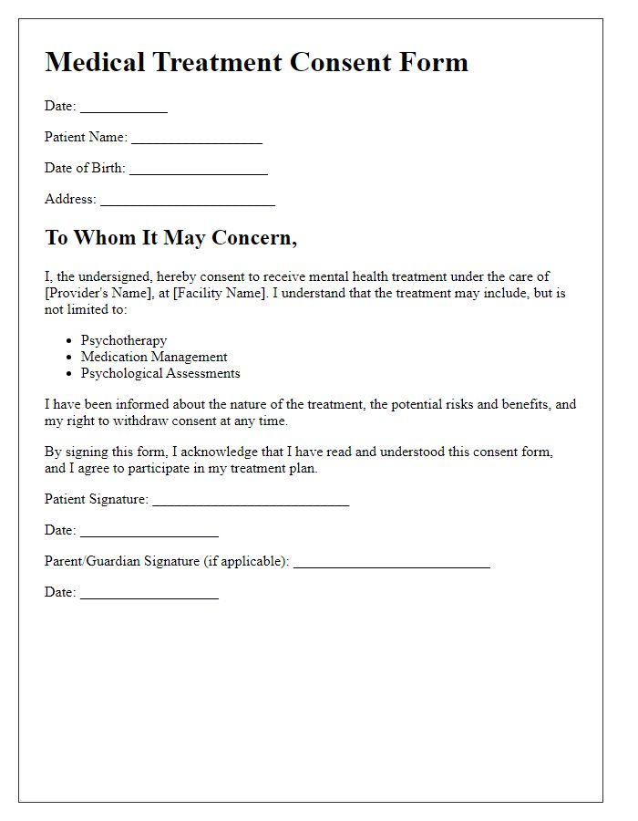 Letter template of medical treatment consent for mental health services.