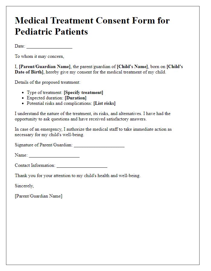 Letter template of medical treatment consent for pediatric patients.