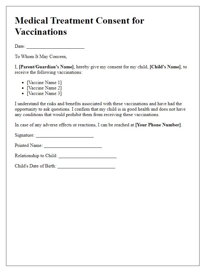 Letter template of medical treatment consent for vaccinations.