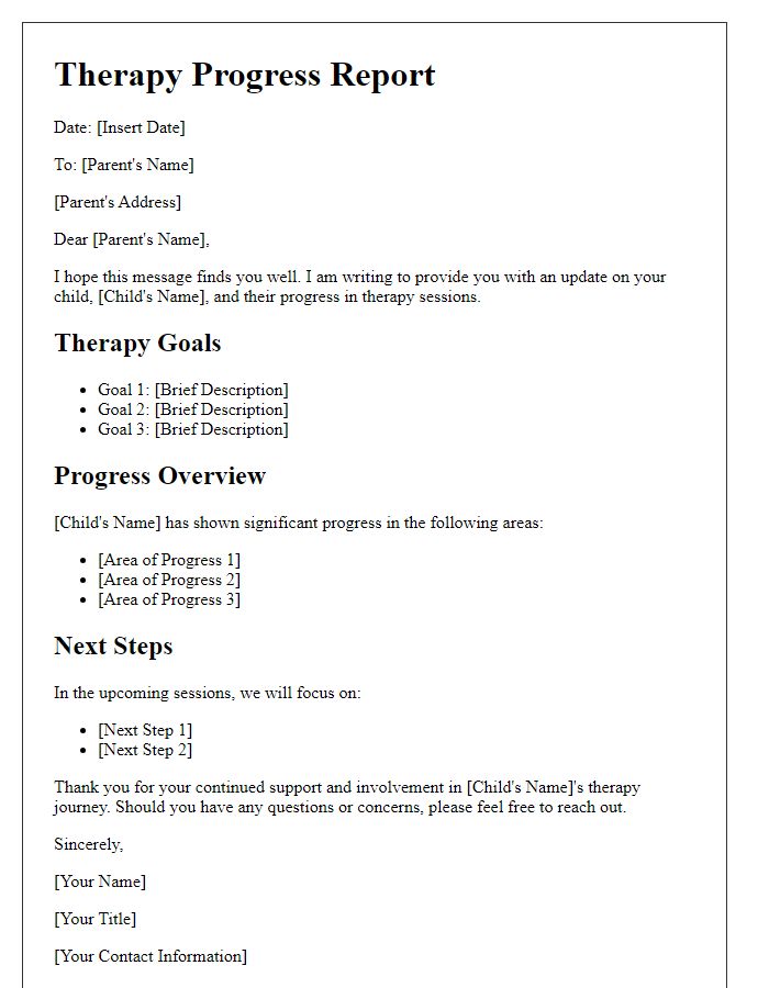 Letter template of therapy progress report for parental notification