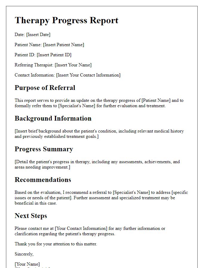 Letter template of therapy progress report for referral to specialists