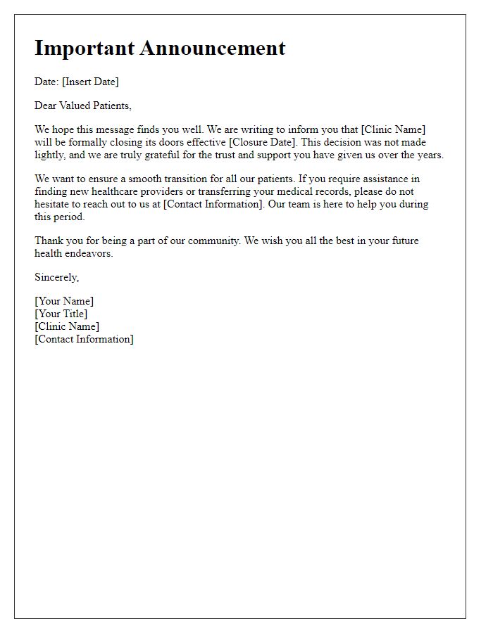 Letter template of outpatient clinic formal closure communication