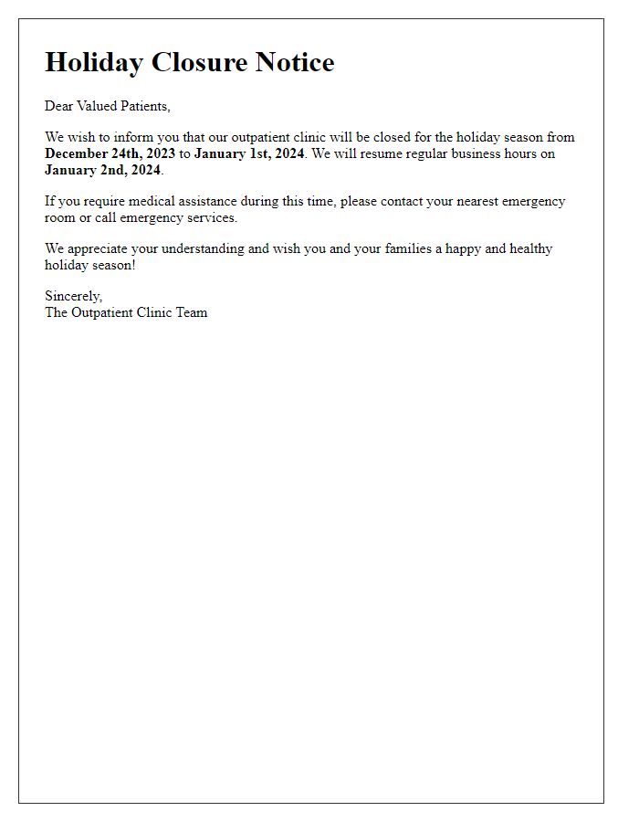 Letter template of outpatient clinic holiday closure information