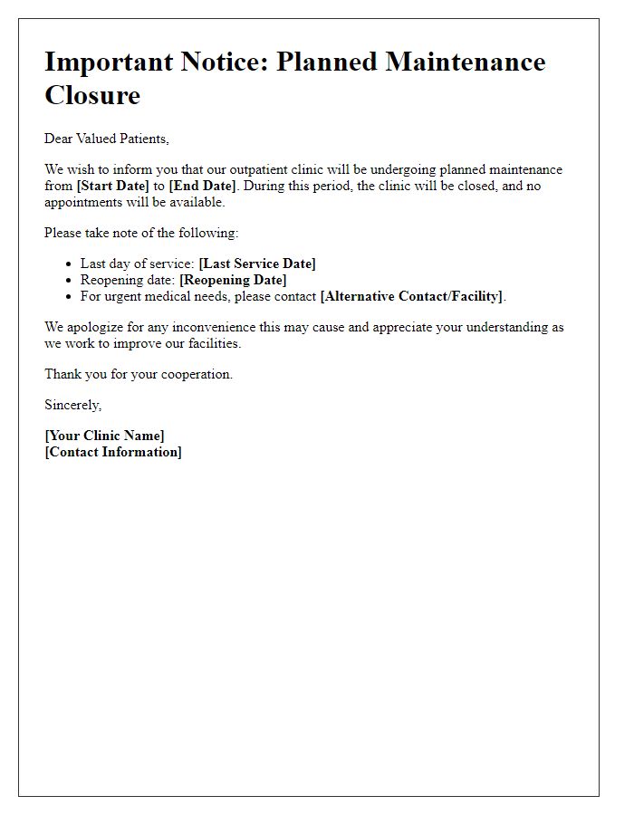 Letter template of outpatient clinic planned maintenance closure message