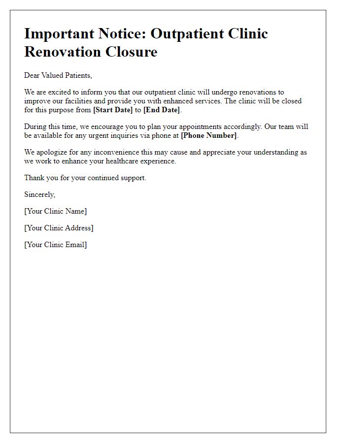 Letter template of outpatient clinic renovation closure details