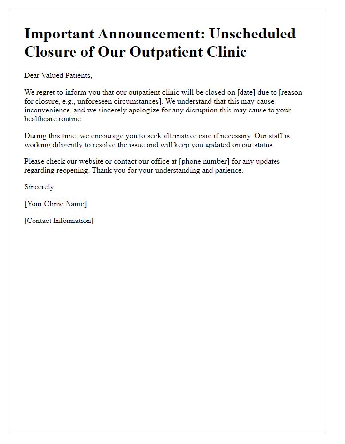 Letter template of outpatient clinic unscheduled closure announcement