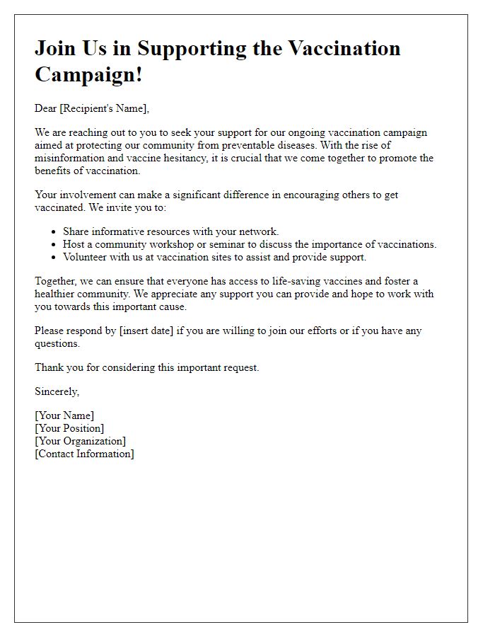 Letter template of call to action for vaccination campaign support