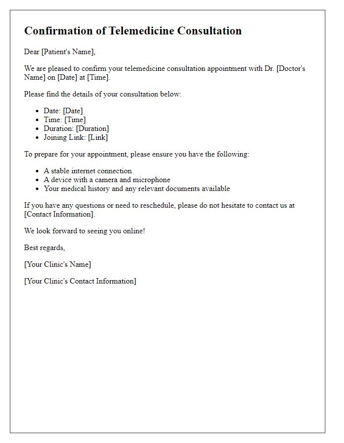 Letter template of confirmation for telemedicine consultation setup