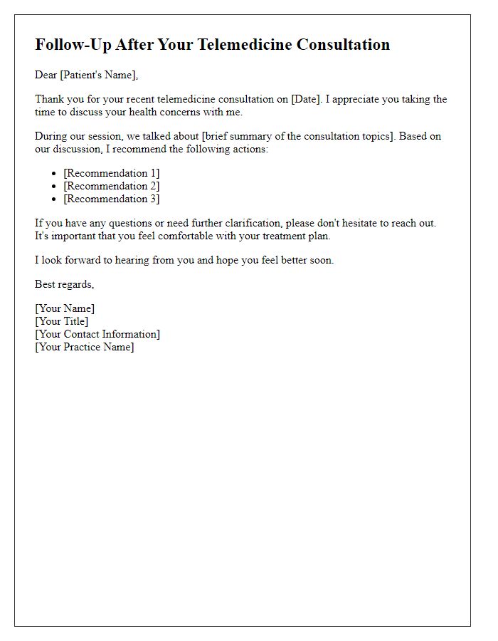 Letter template of follow-up after telemedicine consultation