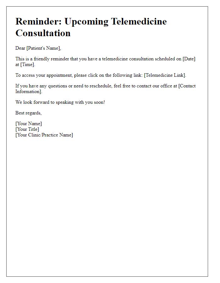 Letter template of reminder for upcoming telemedicine consultation