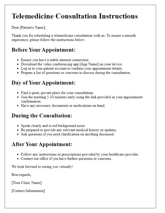 Letter template of telemedicine consultation instructions for patients