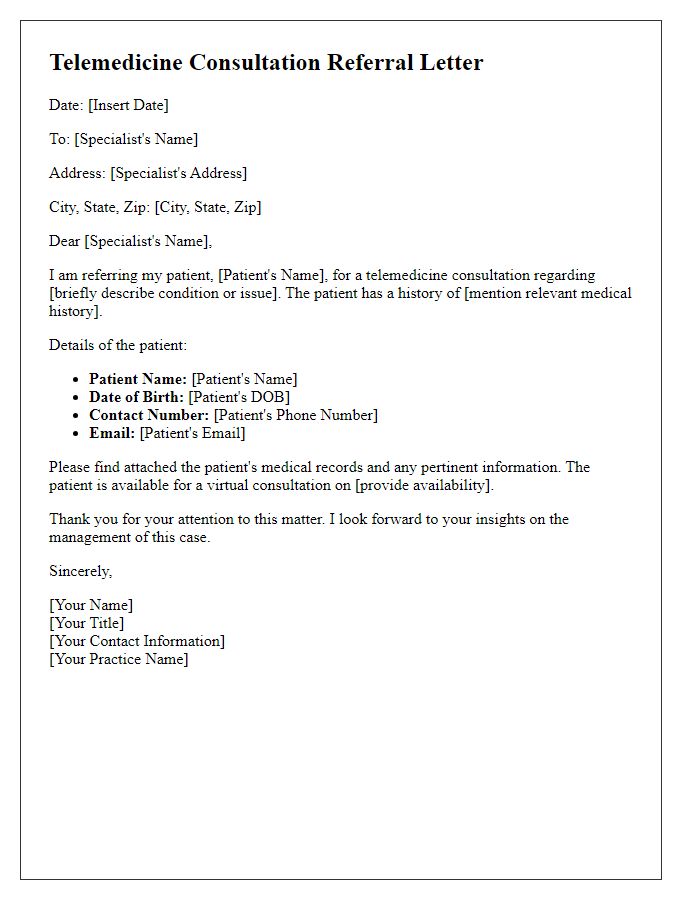 Letter template of telemedicine consultation referral to specialists