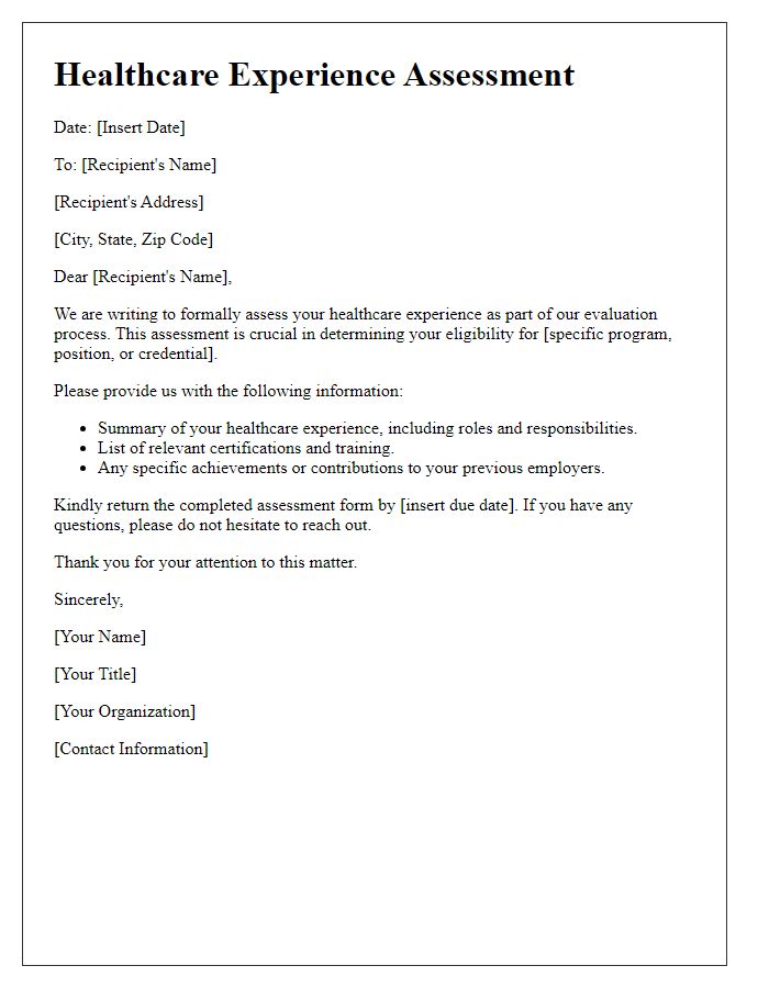 Letter template of healthcare experience assessment