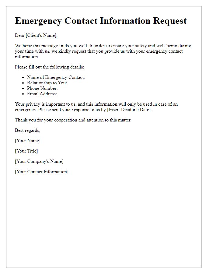 Letter template of emergency contact information request for clients or customers