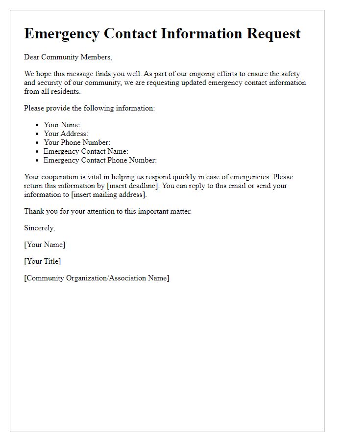 Letter template of emergency contact information request for community members