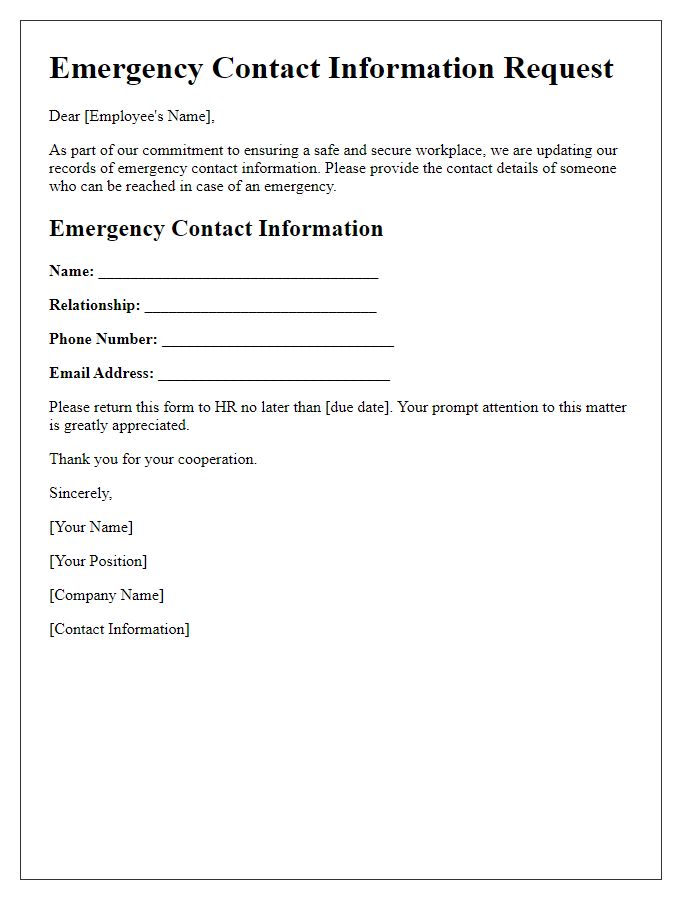 Letter template of emergency contact information request for employees