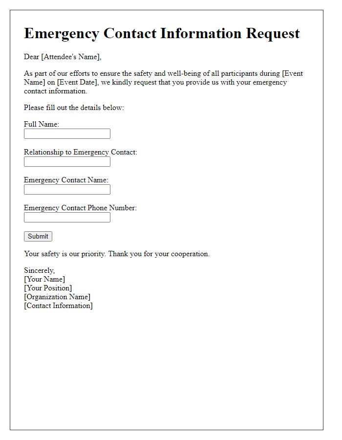 Letter template of emergency contact information request for event attendees