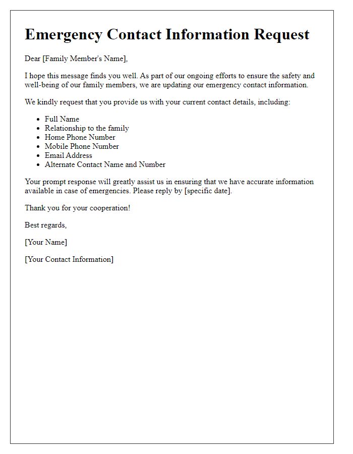 Letter template of emergency contact information request for family members