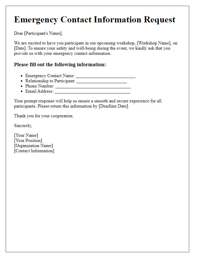 Letter template of emergency contact information request for participants in workshops