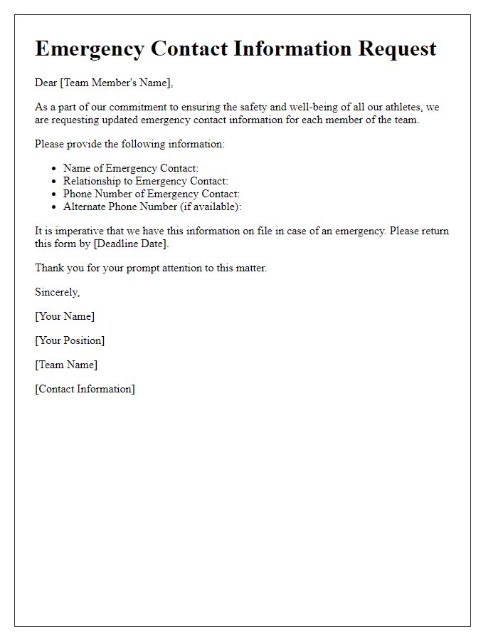 Letter template of emergency contact information request for sports team members