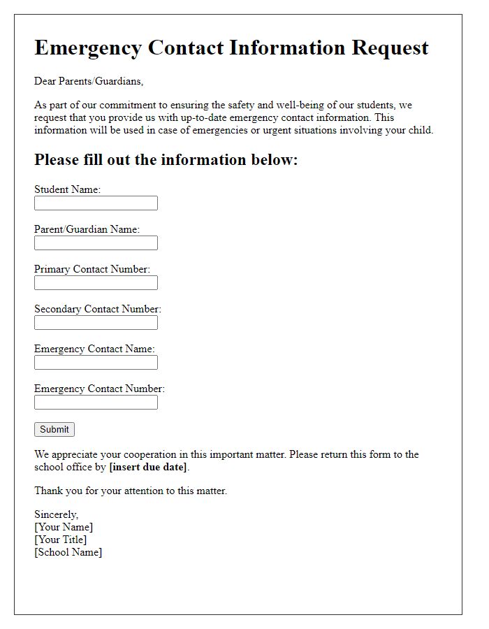 Letter template of emergency contact information request for students