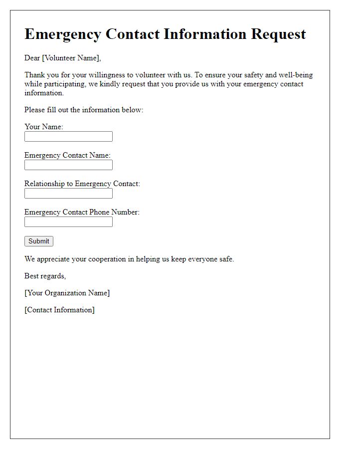 Letter template of emergency contact information request for volunteers