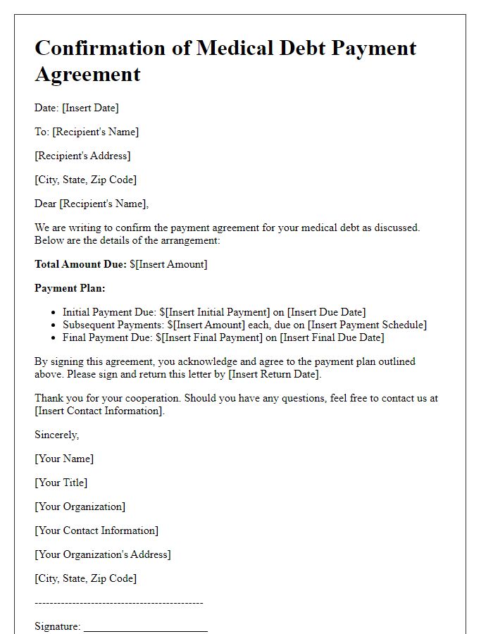 Letter template of confirmation of medical debt payment agreement